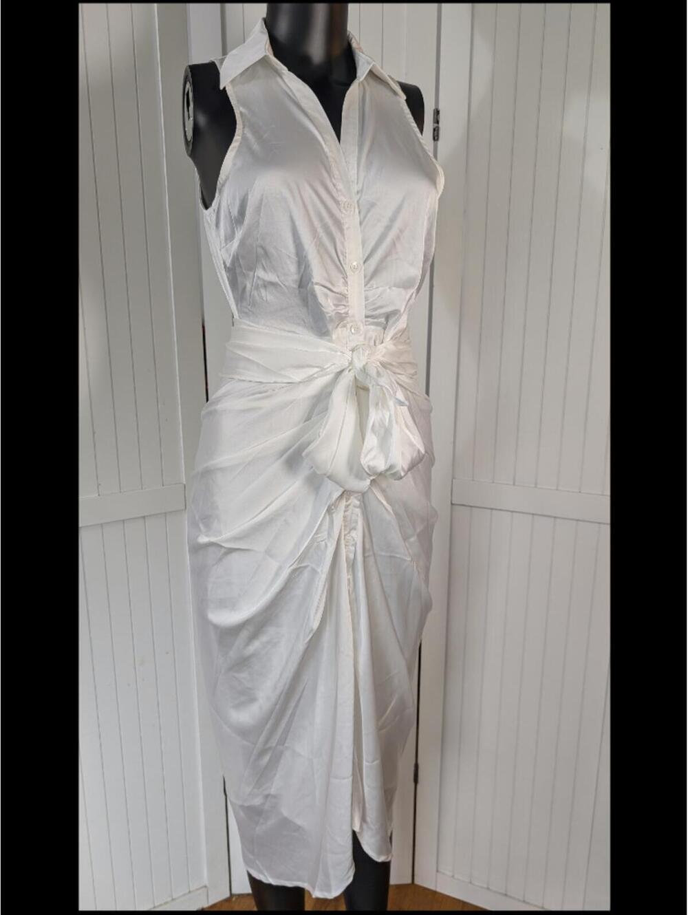 DO+BE White Satin Shirt Dress Tie Front Ruched Midi Dress NWT Size Small